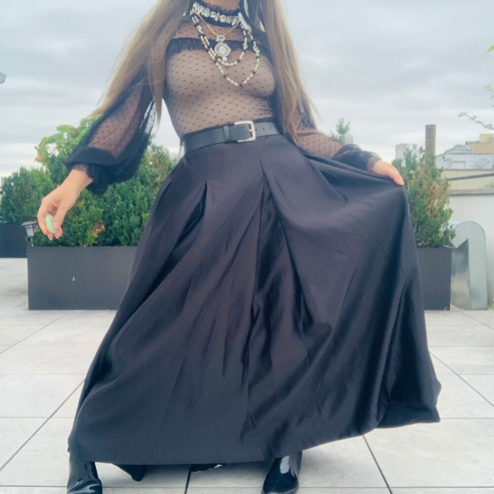 Anthro Full Satin Skater Drama Black Tie Dress Up Maxi Flare Skirt Pockets NWOT - Picture 6 of 16